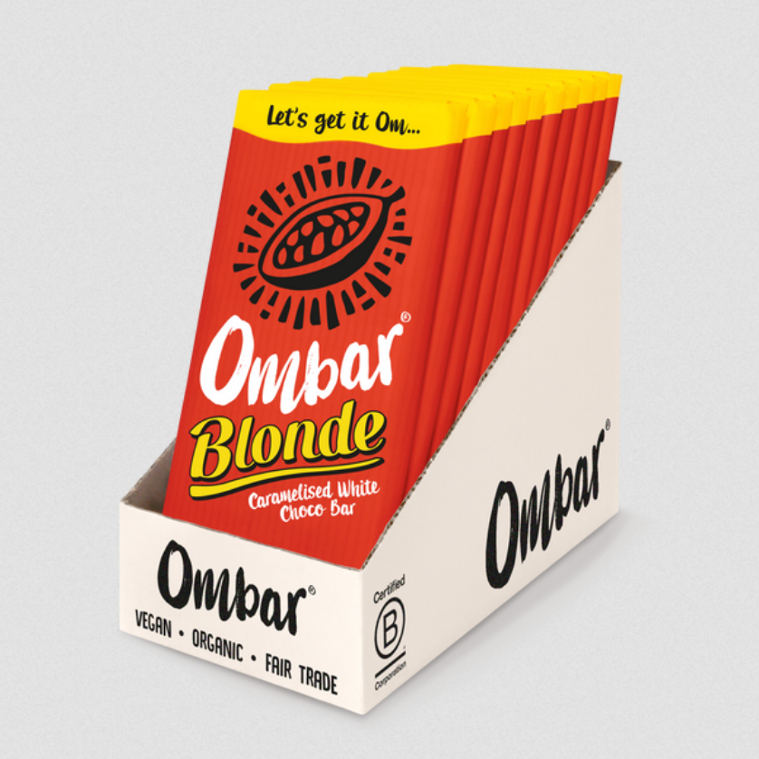 Photo shows a computer-generated mock-up of the new Ombar Blonde chocolate bars