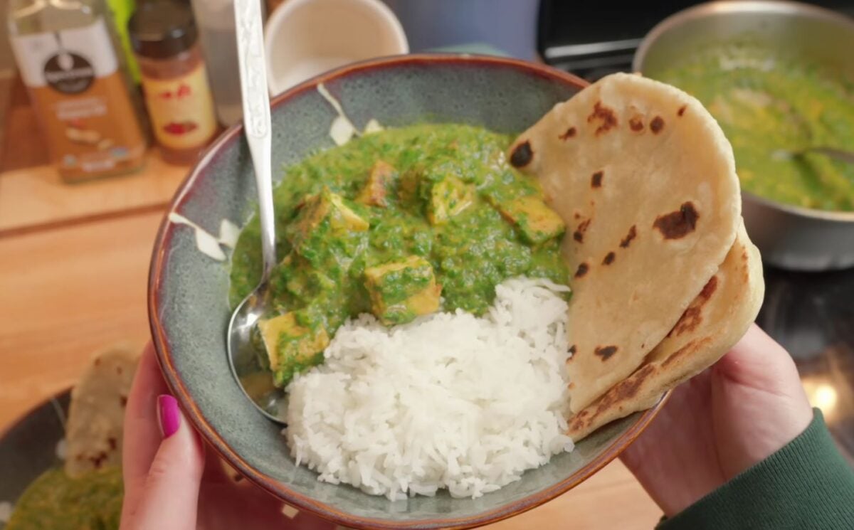 palak tofu makes up one of the budget-friendly vegan meals shown here
