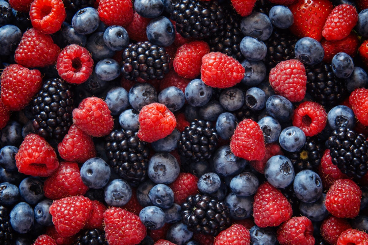Photo shows a selection of blueberries, raspberries, blackberries, and strawberries