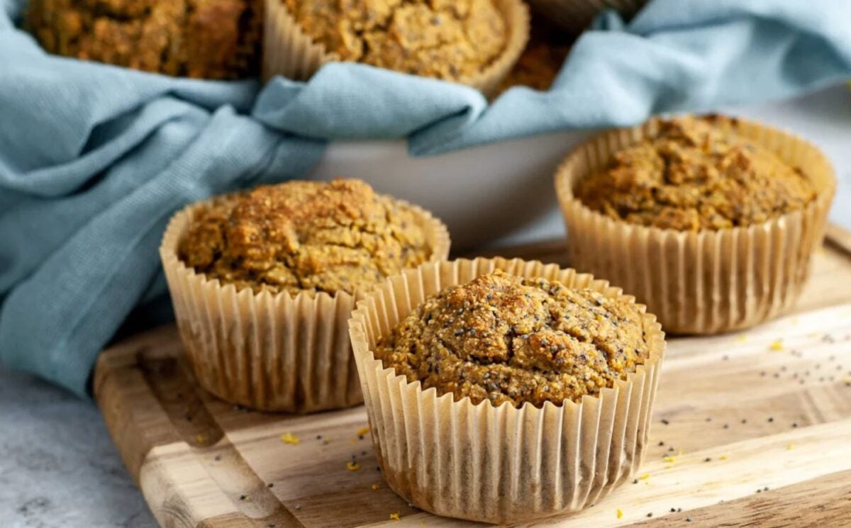 whole-food plant-based lemon poppyseed muffins with reduced sugar
