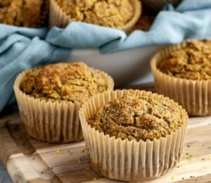 whole-food plant-based lemon poppyseed muffins with reduced sugar