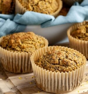 whole-food plant-based lemon poppyseed muffins with reduced sugar