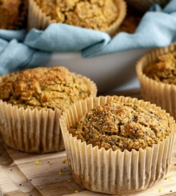 whole-food plant-based lemon poppyseed muffins with reduced sugar