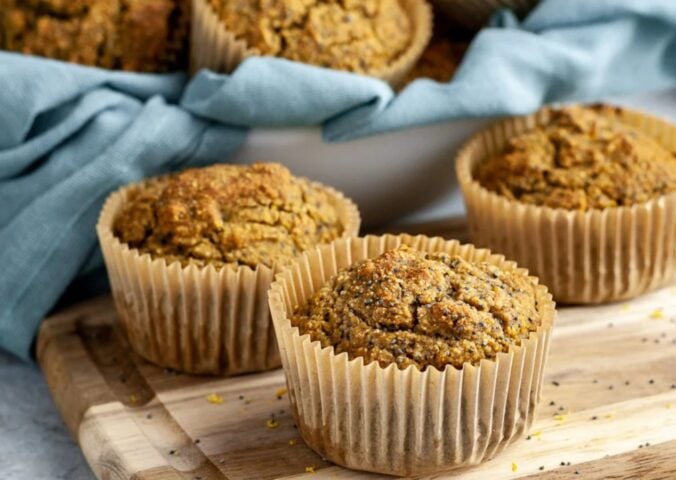 whole-food plant-based lemon poppyseed muffins with reduced sugar