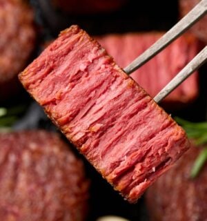 Photo shows a piece of plant-based meat on a fork