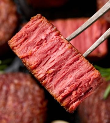 Photo shows a piece of plant-based meat on a fork