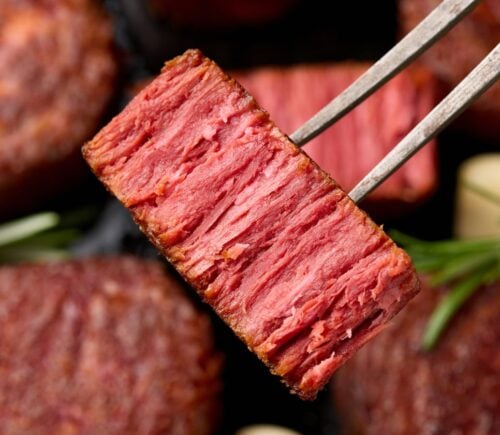 Photo shows a piece of plant-based meat on a fork