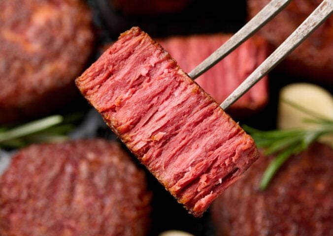 Photo shows a piece of plant-based meat on a fork