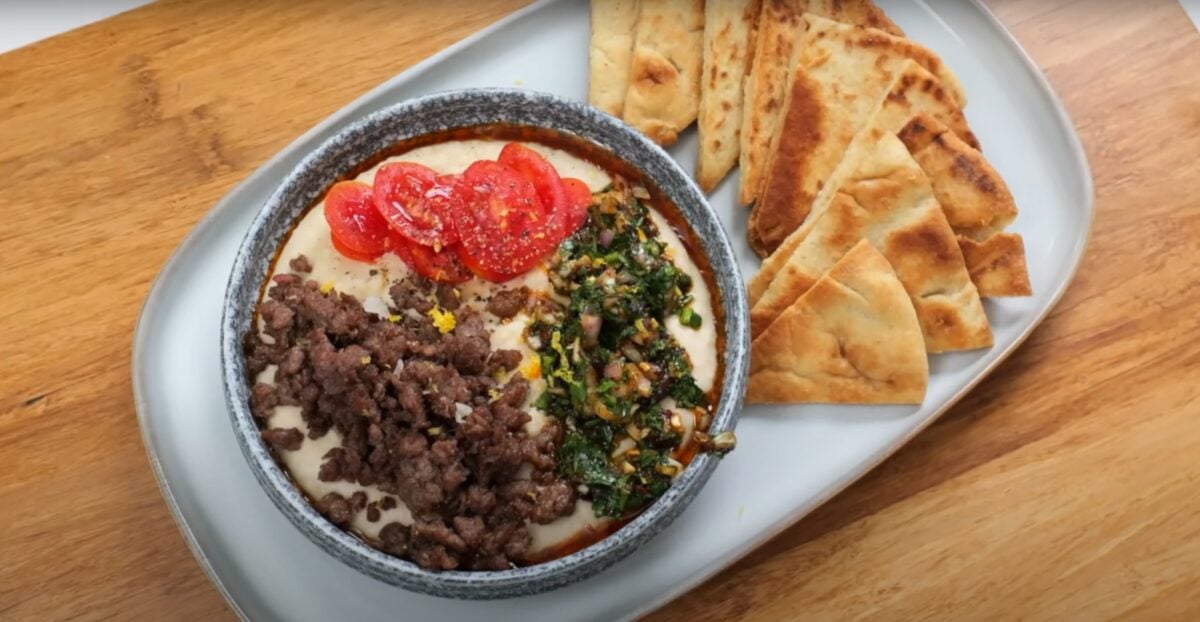 A still from a video on realistic high protein vegan meals showing a homemade vegan dip