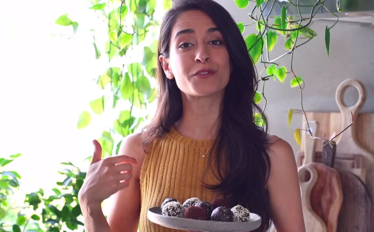 Sadia Badiei showing audience vegan snacks that help you sleep