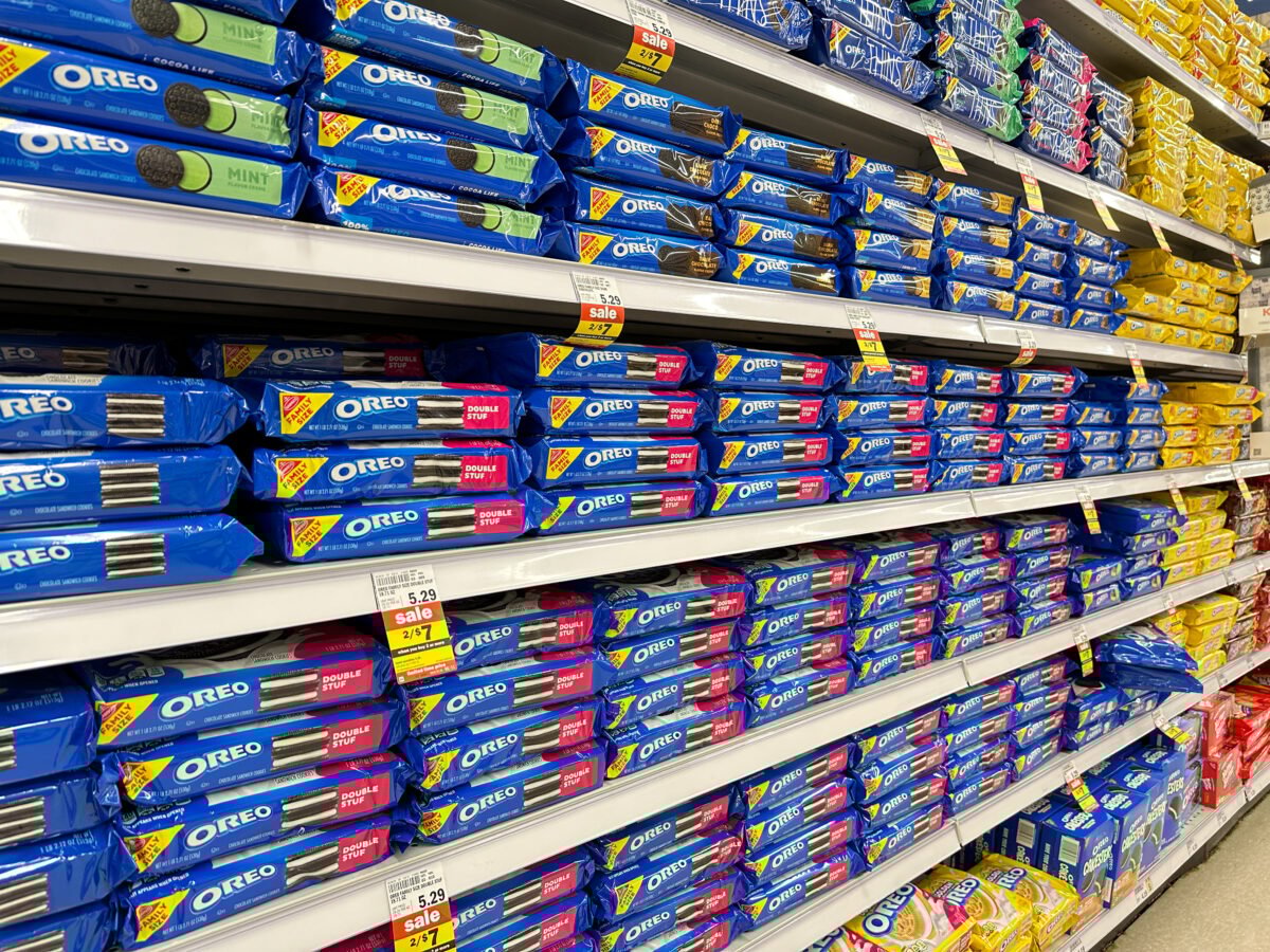 Photo shows a huge range of Oreo cookies on a supermarket's shelves
