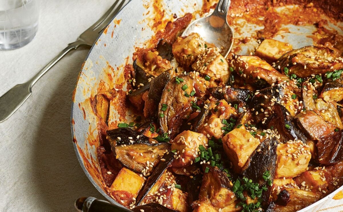 a dish of sticky miso aubergine and smoked tofu with peanut butter for vegan savory peanut butter recipes