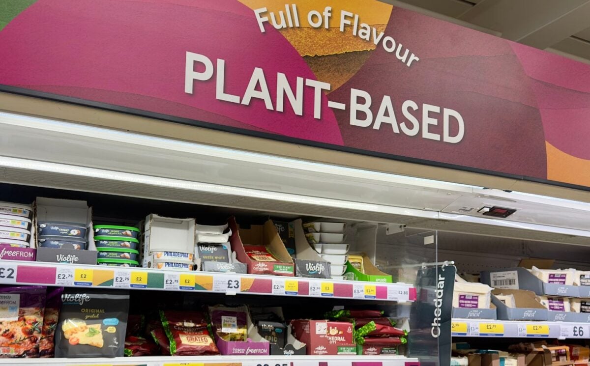 Photo shows the plant-based section of a Tesco store