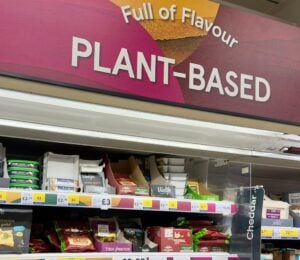 Photo shows the plant-based section of a Tesco store