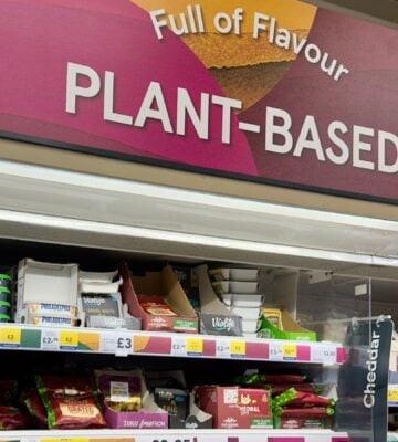 Photo shows the plant-based section of a Tesco store