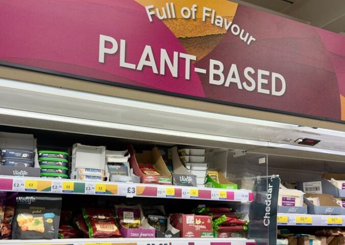 Photo shows the plant-based section of a Tesco store