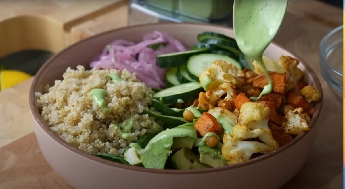 A quinoa tofu bowl, a high protein vegan recipe from TikTok