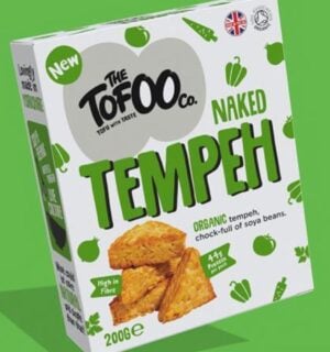 A packed of Tofoo Naked Tempeh in front of a green background