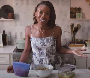 Plant-based recipe developer Jenné Claiborne in a still from a video on best tofu marinades