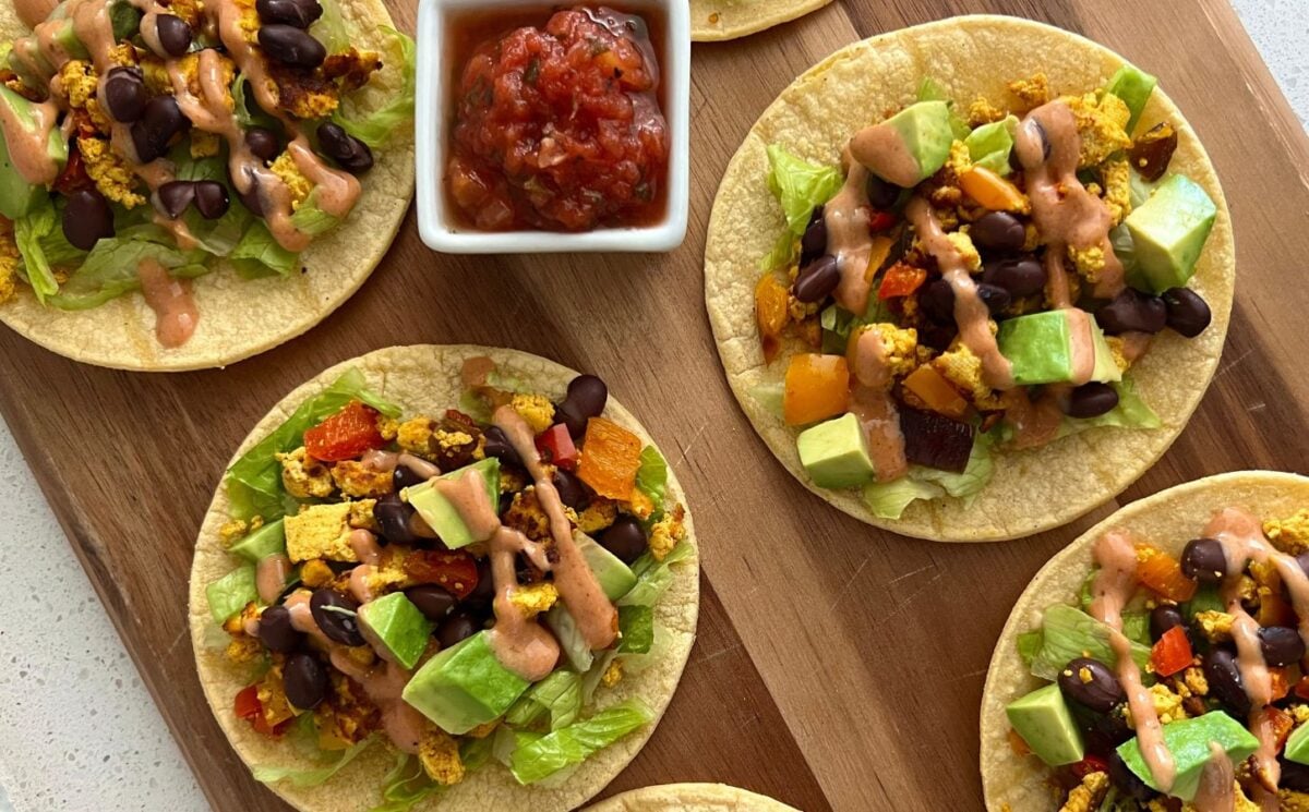 several tofu scramble tacos with soft shells