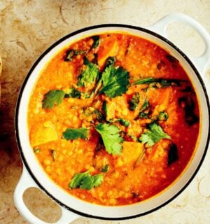 a tomato and coconut chickpea curry with flatbreads