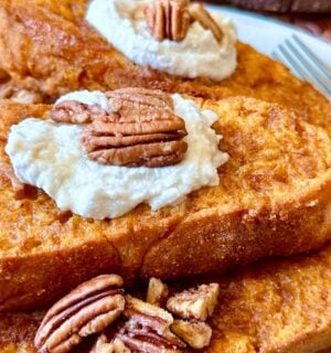 oven-baked French toast with pumpkin batter, coconut whipped cream, cinnamon and pecans for vegan brunch recipes