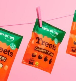 Photo shows all three varieties of the new Candy Kittens x Treets vegan chocolates pegged to a line against a pink background