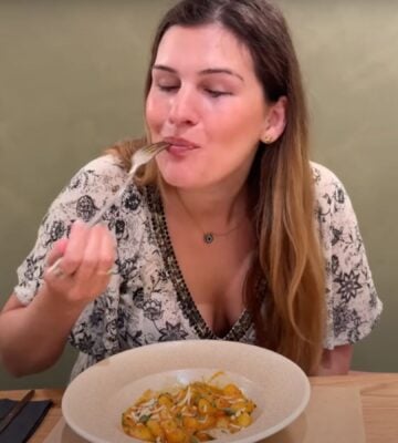 Nicole Whittle eating gnocchi at a fully vegan hotel in Rhodes, Greece