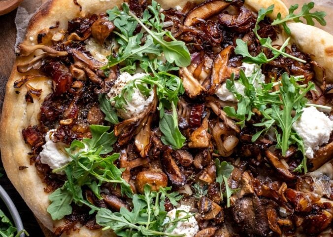 vegan pizza recipes featuring this caramelized shallot and wild mushroom pizza