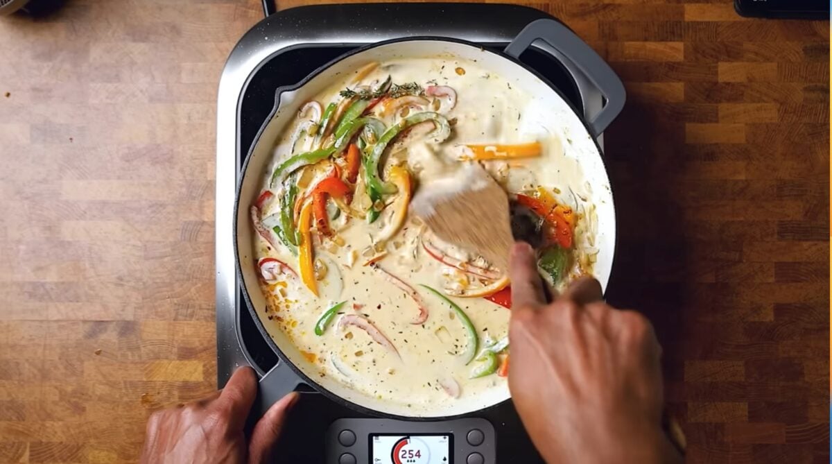 A saucepan full of creamy rasta pasta sauce