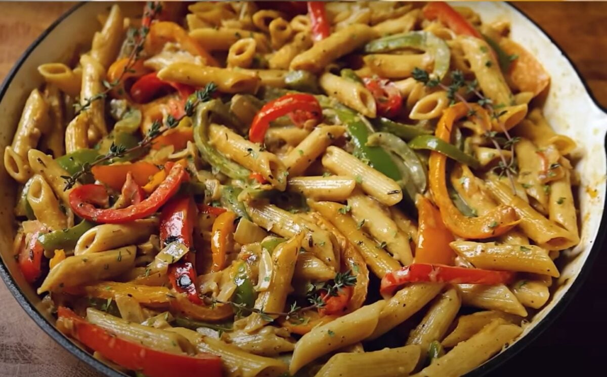 A bowl featuring a vegan rasta pasta recipe