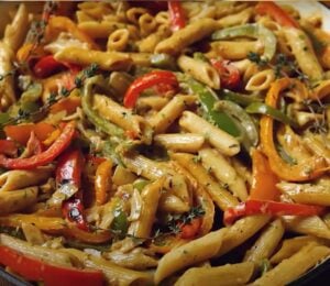 A bowl featuring a vegan rasta pasta recipe