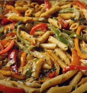 A bowl featuring a vegan rasta pasta recipe