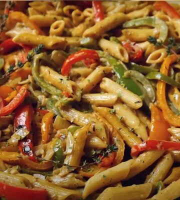 A bowl featuring a vegan rasta pasta recipe
