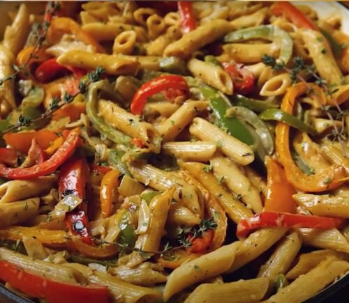 A bowl featuring a vegan rasta pasta recipe