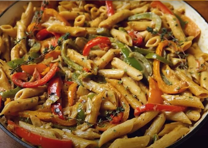 A bowl featuring a vegan rasta pasta recipe