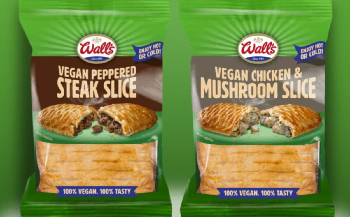 Photo shows the new vegan pasties from Wall's: Vegan Peppered Steak Slice (left) and Vegan Chicken & Mushroom Slice (right).