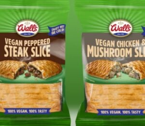 Photo shows the new vegan pasties from Wall's: Vegan Peppered Steak Slice (left) and Vegan Chicken & Mushroom Slice (right).