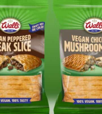 Photo shows the new vegan pasties from Wall's: Vegan Peppered Steak Slice (left) and Vegan Chicken & Mushroom Slice (right).