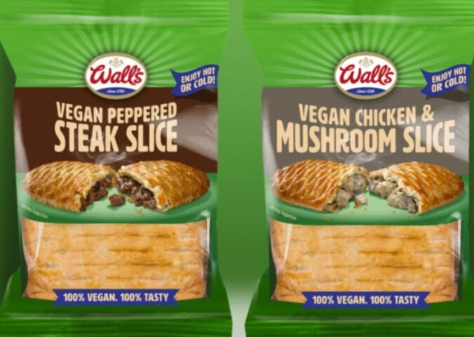 Photo shows the new vegan pasties from Wall's: Vegan Peppered Steak Slice (left) and Vegan Chicken & Mushroom Slice (right).