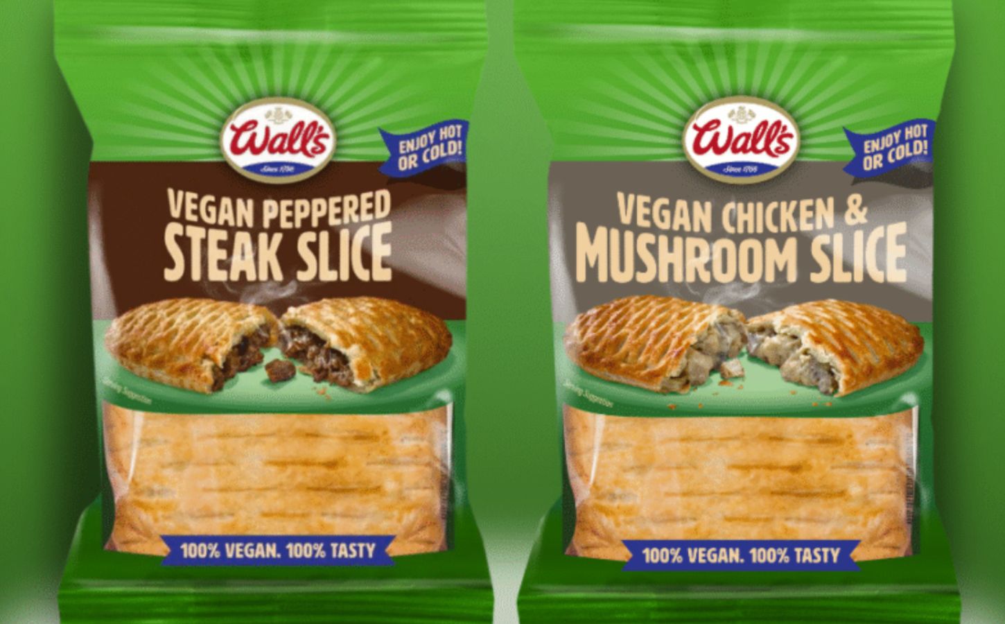 Photo shows the new vegan pasties from Wall's: Vegan Peppered Steak Slice (left) and Vegan Chicken & Mushroom Slice (right).