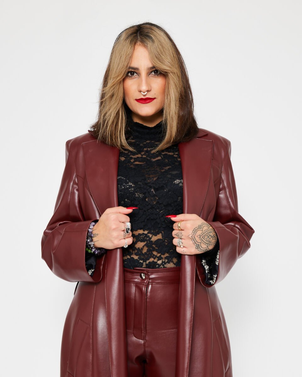 Vegan fashion designer Sarah Regensburger wearing her cactus coat made from vegan leather