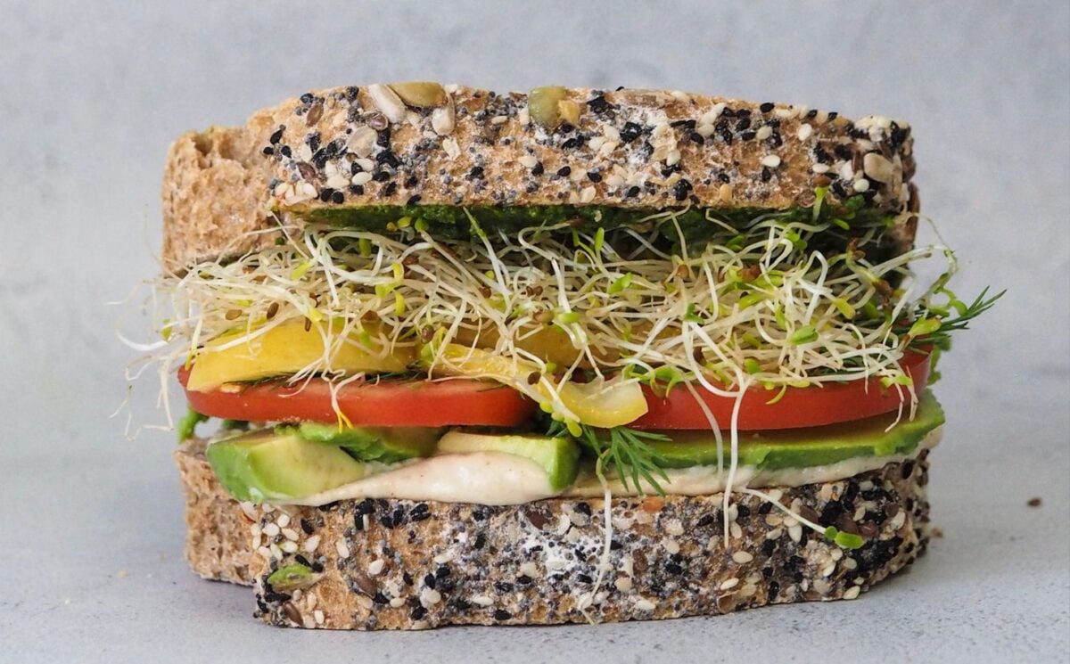 Always a winner sandwich with tahini, jalapeño, lemon, and sprouts