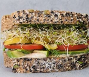 Always a winner sandwich with tahini, jalapeño, lemon, and sprouts