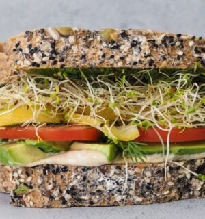 Always a winner sandwich with tahini, jalapeño, lemon, and sprouts