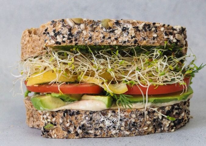 Always a winner sandwich with tahini, jalapeño, lemon, and sprouts