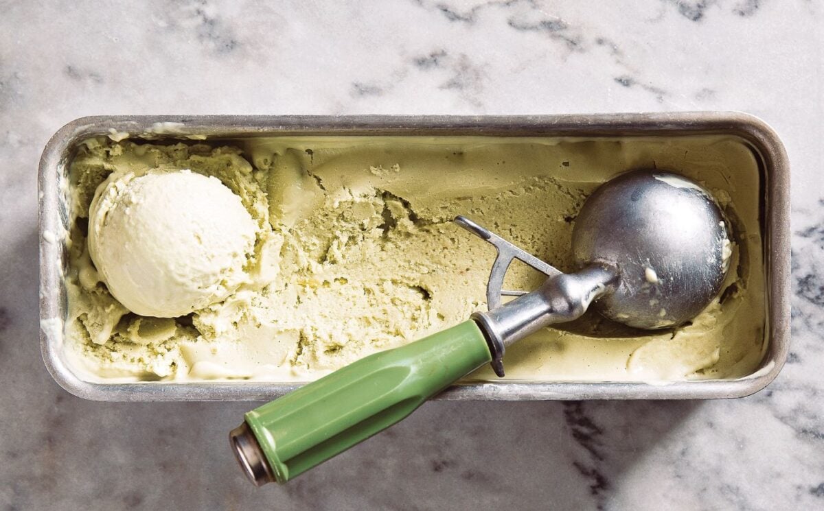 a tub of vegan avocado lime ice cream made with coconut milk