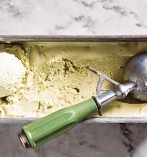 a tub of vegan avocado lime ice cream made with coconut milk