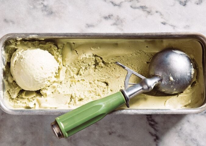 a tub of vegan avocado lime ice cream made with coconut milk
