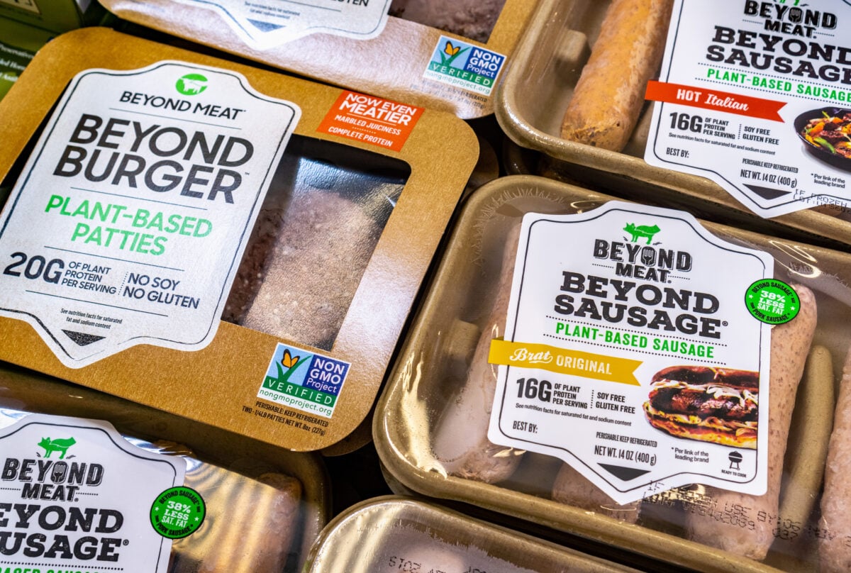 Photo shows a selection of Beyond Meat products in a refrigerator, in a Safeway store, in the San Francisco bay area